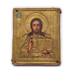 Икона «Господь Вседержитель (Спас Вседержитель)» в металлическом окладе. Дерево, хромолитография с лаком (?), латунь. Размер 11,5×13,5 см #1